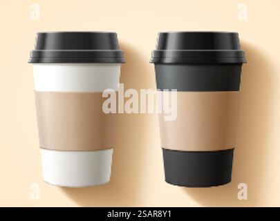 Disposizione piatta del set di confezioni per tazze da asporto con etichette vuote in illustrazione 3D su sfondo beige. Design della confezione della tazza da asporto Illustrazione Vettoriale
