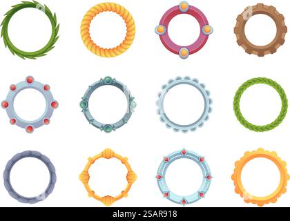 Telai rotondi. Design del gioco interfaccia utente forme circolari in stile cartone animato illustrazioni vettoriali esatte raccolta di modelli di design di cornici di gioco. Telai rotondi. Design del gioco interfaccia utente forme circolari in stile cartoni animati collezione di illustrazioni vettoriali esatte Illustrazione Vettoriale