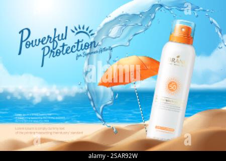 Spruzzi per crema solare con schermo protettivo sull'acqua sullo sfondo della spiaggia estiva nell'illustrazione 3D. Spray per crema solare Illustrazione Vettoriale