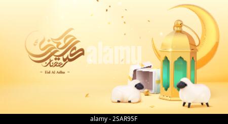 EID al Adha calligrafia islamica con lanterne decorative dorate, pecore sacrificali e luna crescente su sfondo dorato in illustrazione 3d. Banner del festival EID al Adha Illustrazione Vettoriale