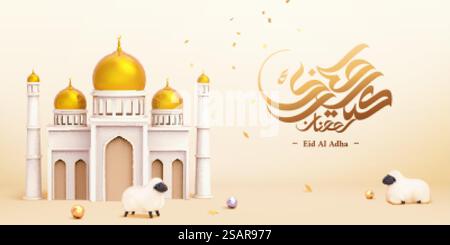 EID al Adha calligrafia islamica con pecore e moschea araba su sfondo beige in illustrazione 3d. Banner del festival EID al Adha Illustrazione Vettoriale