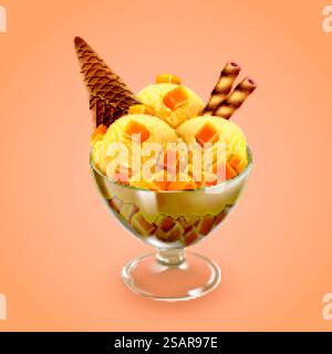 Sundae di mango con bastoncino di cioccolato croccante, cono di gelato e frutta tritata in illustrazione 3d. Mango sundae con frutta tritata Illustrazione Vettoriale
