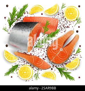Bistecche crude di pesce rosso salmone, filetto con fette di limone ed erbe speziate, illustrazione realistica del vettore. Composizione di pesce fresco biologico per ristorante, sushi bar ecc. Pesce rosso salmone, illustrazione 3d vettoriale realistica Illustrazione Vettoriale