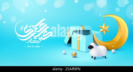 EID al Adha calligrafia islamica con scatola regalo, pecore sacrificali e luna crescente su sfondo bokeh blu in illustrazione 3d. Banner celebrativo EID al Adha Illustrazione Vettoriale