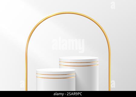 Base cilindrica in bianco e oro 3D astratto o podio con archi dorati sullo sfondo. Elegante parete bianca minimalista per la presentazione dei prodotti. Progettazione di piattaforme di rendering geometrico vettoriale. Illustrazione Vettoriale