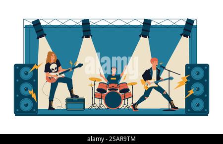 Concerto rock. Band metal che suona musica dal vivo sul palco illuminata da riflettori. Festival musicale giovanile. Cartoni animati popolari che cantano con microfono e apparecchiature audio. Gruppo vettoriale di musicisti. Concerto rock. Band metal che suona musica sul palco illuminata da faretti. Festival musicale giovanile. Gente popolare che canta con microfono e apparecchiature audio. Gruppo vettoriale di musicisti Illustrazione Vettoriale