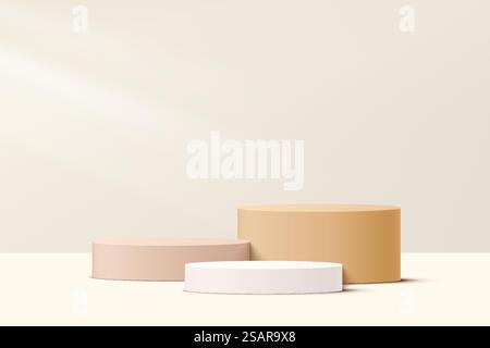 Set di podio per cilindri a gradini 3D bianco, crema e beige astratto e realistico con pareti minimali pastello per la presentazione di prodotti cosmetici. Progettazione di piattaforme di rendering geometrico vettoriale. Illustrazione Vettoriale