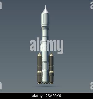 Razzo. Razzo pesante realistico e modulo spaziale. Mockup di veicoli spaziali isolati 3D. Astronave interstellare per il volo degli astronauti nel cosmo e nell'universo exp Illustrazione Vettoriale