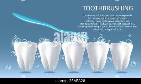 Modello di banner per poster medicali vettoriali per spazzolino da denti. Spazzolino realistico che spazzola denti bianchi lucidi. La salute dentale, il concetto di igiene orale... Modello di design per striscioni per poster medicali vettoriali per spazzolino da denti Illustrazione Vettoriale