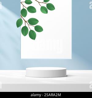 Podio cilindro bianco 3D astratto con foglia verde nella finestra quadrata su pareti minimali azzurre. Piattaforma di rendering geometrico vettoriale per la presentazione del prodotto. Illustrazione Vettoriale