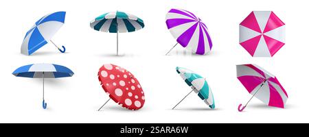 Ombrellone. Ombrelloni realistici. Attrezzatura 3D aperta per la protezione dalla luce solare o dalla pioggia. Vista da diversi lati su una tettoia a strisce costiere isolata. Modelli di ombrellone per piscina. Set di accessori vettoriali. Ombrellone. Ombrelloni realistici. Attrezzatura 3D per la protezione dalla luce solare o dalla pioggia. Vista da diversi lati sulla tettoia a righe della costa. Modelli di ombrellone per piscina. Set di accessori vettoriali Illustrazione Vettoriale