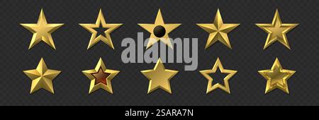 Stelle d'oro realistiche. Premi di lusso in metallo 3D. Segni dorati lucidi isolati e simboli di revisione. Set di badge metallici di qualità superiore o vincente. Elementi pentagramma gialli. Icone di classificazione. Decorazione vettoriale. Stelle d'oro realistiche. Premi di lusso in metallo 3D. Segni dorati lucidi e simboli di revisione. Set di badge metallici di qualità superiore o vincente. Pentagramma giallo. Icone di classificazione. Decorazione vettoriale Illustrazione Vettoriale