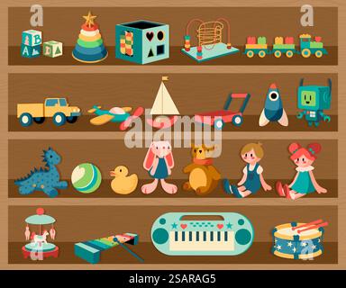 Giocattoli sugli scaffali. Scaffale in legno cartoni animati con bambole e strumenti musicali per bambini. Simpatici animali di peluche o trasporto. Puzzle educativo per bambini. Razzo colorato e robot automatico. Mobili vettoriali. Giocattoli sugli scaffali. Scaffale in legno per cartoni animati con bambole e strumenti musicali. Animali di peluche o trasporto. Puzzle educativo per bambini. Razzo colorato e robot automatico. Mobili vettoriali Illustrazione Vettoriale