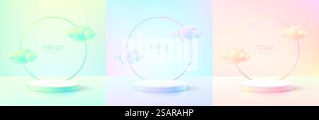 Set di camera 3D astratta con podio cilindrico realistico in colore ologramma verde, giallo, rosa e blu. Volo in cloud. Scena minimale pastello per l'esposizione del prodotto. Forme geometriche vettoriali. Palcoscenico per la vetrina. Illustrazione Vettoriale
