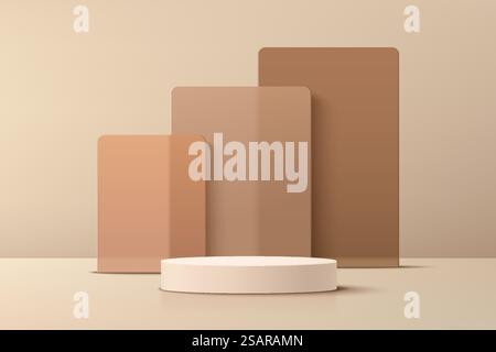 Piedistallo per cilindri beige 3D astratti con sfondo a strati sovrapposti in vetro quadrato marrone. Parete minimale marrone brillante per la presentazione del prodotto. Progettazione di piattaforme di rendering geometrico vettoriale Illustrazione Vettoriale