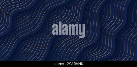 Forma ondulata fluida astratta su sfondo blu navy scuro, linee dorate decorano. Elegante design con motivo curvo a strati. È possibile utilizzare per modelli di brochure di copertina, poster, banner Web, annunci a mezzo stampa. Vettore EPS10 Illustrazione Vettoriale