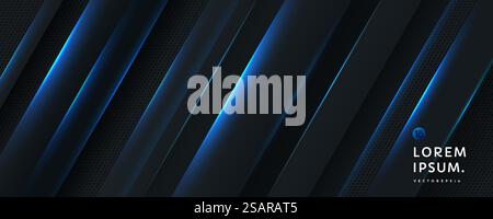 Sfondo nero sfumato con linee diagonali dinamiche a strisce blu brillanti e texture in metallo scuro. Design moderno e futuristico per banner. Concetto di sfondo astratto. Vettore EPS10. Illustrazione Vettoriale