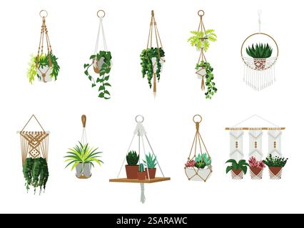 Grucce Macrame. Piante da casa e da ufficio in vasi da giardino appesi. Interni scandinavi con elementi accoglienti. Portaposate isolate lavorate a mano. Set vettoriale di piante d'appartamento. Grucce Macrame. Piante da casa e da ufficio in vasi da giardino appesi. Elementi decorativi interni scandinavi. Portatutto realizzati a mano. Set vettoriale di piante d'appartamento Illustrazione Vettoriale