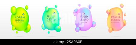 Set di badge a forma liquida 3D fluidi astratti con sfumatura di colore pastello isolato su sfondo bianco. Collezione di elementi colorati alla moda per il design. EPS vettoriale 10 Illustrazione Vettoriale