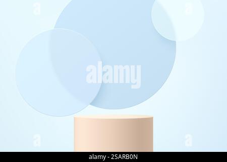 Piedistallo per cilindri beige 3D astratti o podio con sfondo a strati sovrapposti in vetro circolare blu. ambiente murale minimale azzurro per la presentazione del prodotto. Piattaforma di rendering geometrico vettoriale. Illustrazione Vettoriale