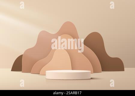 Podio per cilindri in 3D beige astratto con sfondo marrone a strati ondulati fluidi. Parete minimale marrone chiaro per la presentazione dei prodotti cosmetici. Progettazione di piattaforme di rendering geometrico vettoriale. Illustrazione Vettoriale