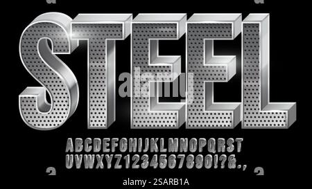 Carattere in acciaio perforato. Carattere metallico, lettere metalliche e numeri cromati con set di vettori a griglia. Alluminio industriale lucido alfabeto latino e punti esclamativi isolati al buio. Carattere in acciaio perforato. Carattere metallico, lettere metalliche e numeri cromati con set di vettori a griglia Illustrazione Vettoriale
