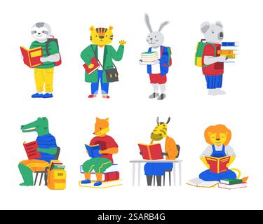 Animali con libri. I personaggi dei cartoni animati tornano a scuola. Carini coccodrilli e volpi leggono. Divertente koala o coniglio portano pile di libri di testo. Tigre e leoni studiano. Creature felici. Educazione vettoriale. Animali con libri. I personaggi dei cartoni animati tornano a scuola. Coccodrillo e volpe leggono. Koala o coniglio portano pile di libri di testo. Tigre e leoni studiano. Creature felici. Educazione vettoriale Illustrazione Vettoriale