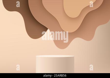 Piedistallo per cilindri in 3D beige astratto o podio con sfondo marrone ondulato. Parete minimale marrone chiaro per la presentazione dei prodotti cosmetici. Piattaforma di rendering geometrico vettoriale. Illustrazione Vettoriale