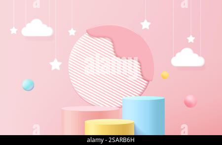 Presentazione della scena di esposizione vuota sul podio per bambini o bambini con sfondo 3d. Illustrazione Vettoriale