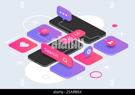 Mockup isometrico. Concetto di progettazione UX. Comoda interfaccia mobile per la ricerca di informazioni online, la comunicazione Web e le impostazioni del dispositivo. Schermi di smartphone vettoriali e forme geometriche astratte. Mockup isometrico. Concetto di progettazione UX. Comoda interfaccia mobile per la ricerca di informazioni online, la comunicazione e le impostazioni del dispositivo. Schermi di smartphone vettoriali e forme geometriche Illustrazione Vettoriale