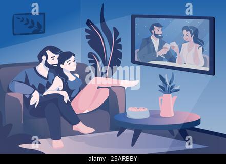 Coppia guarda la TV. Famiglia di cartoni animati seduta sul divano e guardando programmi televisivi, marito e moglie sorridenti trascorrono del tempo insieme. Passatempo serale. Confortevole interno del soggiorno. Scenografia vettoriale. Coppia guarda la TV. La famiglia seduto sul divano e guardando programmi televisivi, marito e moglie trascorrono del tempo insieme. Passatempo serale. Confortevole interno del soggiorno. Scenografia vettoriale Illustrazione Vettoriale