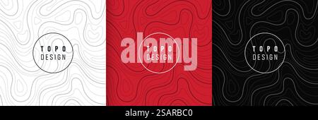 Set di linee ondulate bianche, rosse e nere dal design astratto. Concetto topografico. Sfondo con motivo ondulato della raccolta con spazio di copia. Design per modello di copertina, poster, banner, annunci a stampa. Illustrazione vettoriale Illustrazione Vettoriale