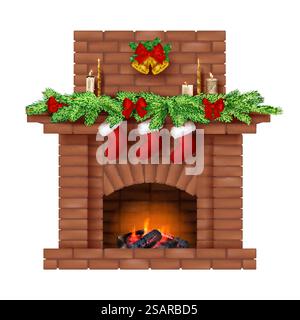 Decorazioni natalizie sul caminetto. Calzini decorativi per la casa per il nuovo anno per regali da caminetti vettoriali di babbo natale in stile realistico di caminetto accogliente a illustrazioni di interni per le vacanze. Decorazioni natalizie sul caminetto. Calzini decorativi per la casa per il nuovo anno per regali di babbo natale caminetti vettoriali decenti in stile realistico Illustrazione Vettoriale