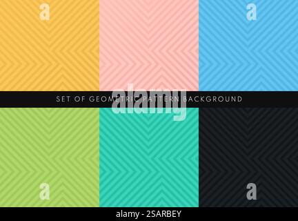 Set di motivi geometrici su sfondo giallo, rosa, blu, verde e nero. Collezione di colori alla moda linee astratte triangolari texture. Design semplice del modello per striscioni piatti. Illustrazione vettoriale Illustrazione Vettoriale