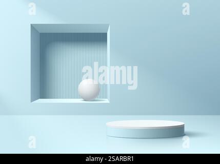 Camera 3D astratta, piedistallo cilindrico bianco e blu realistico con pallina su sfondo quadrato della finestra. Scena minimale pastello per l'esposizione di prodotti mockup. Forme geometriche vettoriali. Vetrina sul palcoscenico. Illustrazione Vettoriale
