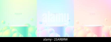 Set di camera 3D astratta con podio cilindrico realistico in colore ologramma verde, giallo, rosa e blu. Sfere o bolle che volano. Visualizzazione minima del prodotto scenografico. Forme geometriche vettoriali. Vetrina sul palcoscenico Illustrazione Vettoriale