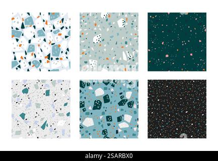 Schema terrazzo. Struttura italiana senza cuciture in cemento con pezzi di pietra granitica. Set di piastrelle in marmo astratto. Mosaico moderno decorativo con particelle colorate. Mockup per pavimenti interni Vector blu. Schema terrazzo. Struttura italiana senza cuciture in cemento con pezzi di pietra granitica. Set di piastrelle in marmo astratto. Mosaico decorativo con particelle colorate. Pavimento interno Vector blu Illustrazione Vettoriale