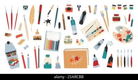 Accessori artistici. Strumenti di pittura e forniture per disegni. Pennello e vernice professionali. Pacchetto clipart matite a colori. Penna e inchiostro. Set di cancelleria isolato. Imbarcazioni a mano vettoriali o attrezzature per hobby. Accessori artistici. Strumenti di pittura e forniture per disegni. Pennello e vernice professionali. Pacchetto di matite clipart. Penna e inchiostro. Set di cancelleria isolato. Imbarcazioni vettoriali o attrezzature per hobby Illustrazione Vettoriale
