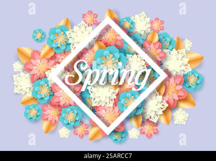 Poster floreale primaverile, illustrazione vettoriale in stile cartaceo. Bella composizione stagionale con fiori di carta per tessere, striscioni, ecc... Poster floreale di stagione primaverile, illustrazione con taglio di carta vettoriale Illustrazione Vettoriale