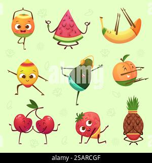 Yoga frutta pose. Frutta e verdura fresca con volti divertenti che rendono gli esercizi sportivi di yoga e le illustrazioni dei cartoni animati vettoriali esatte. Cibo salutare, sorriso, fitness e yoga. Yoga frutta pose. Frutta e verdura fresca con volti divertenti che rendono gli esercizi sportivi di yoga e le illustrazioni dei cartoni animati vettoriali esatte Illustrazione Vettoriale