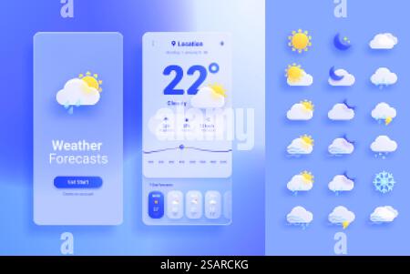 modello di app per le previsioni meteo del vetro 3d. Modello di interfaccia mobile. Le icone meteo vengono impostate su sfondo blu. Progettazione dell'interfaccia dell'app meteo mobile Illustrazione Vettoriale