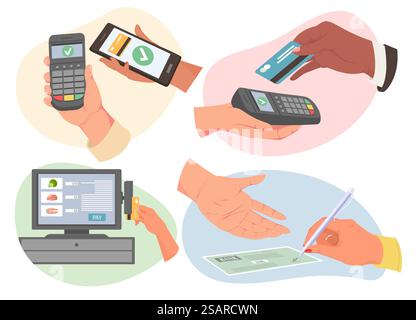 Diversi metodi di pagamento impostati. Mani umane che tengono in mano gadget digitali, utilizzano carta di credito e terminale POS per pagare senza contatto, scrivono assegni bancari, effettuano acquisti con la tecnologia NFC mobile. Diversi metodi di pagamento e mani umane Illustrazione Vettoriale