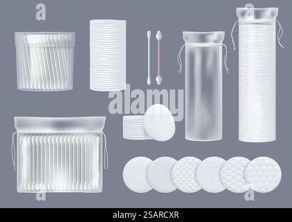 Articoli in lana di cotone. Prodotti cosmetici igienici per la cura della pelle tamponi auricolari e morbidi modelli vettoriali decorativi realistici di prodotti igienici per la cura della pelle illustrazione. Articoli in lana di cotone. Prodotti cosmetici per l'igiene per la cura della pelle tamponi auricolari e morbidi modelli vettoriali realistici decenti Illustrazione Vettoriale