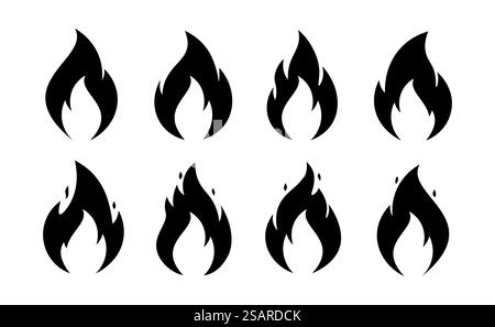 Icone di fuoco. Simboli vettoriali di silhouette da falò, salsa piccante al cile, forma di falò. Set di loghi antincendio Illustrazione Vettoriale
