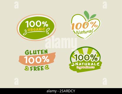 Etichette naturali al 100%, collezione di logo per alimenti biologici Illustrazione Vettoriale