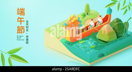 Design isometrico in 3d per banner Duanwu Festival con simpatiche persone che vogano una barca drago nel fiume. Traduzione: Happy Dragon Boat Festival. Banner isometrico 3d Duanwu Festival Illustrazione Vettoriale