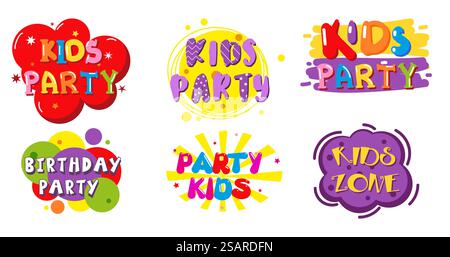 Set di banner per etichette zona bambini per feste di compleanno, illustrazione isolata vettoriale. Forme di colore astratte, tipografia creativa con lettere a mano per inviti a feste, carte, sala giochi per bambini o logo del centro. Set di banner per etichette zona bambini per feste di compleanno, illustrazione isolata vettoriale Illustrazione Vettoriale