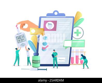 Illustrazione del vettore del concetto di diabete mellito. Composizione dei test di glicemia con caratteri minuscoli assistenti di laboratorio, glucometro e apparecchiature di analisi di laboratorio per banner Web, pagina del sito Web, ecc. Concetto di vettore del diabete mellito per banner web, pagina del sito web Illustrazione Vettoriale