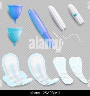 Prodotti per l'igiene femminile, illustrazione vettoriale isolata su sfondo trasparente. Tazza mestruale, tamponi, tamponi o assorbenti sanitari. Set di prodotti per l'igiene femminile, illustrazione con isolamento vettoriale Illustrazione Vettoriale