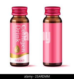 flacone in vetro ambra realistico 3d per bevanda al collagene, uno con etichetta e uno senza. Elementi del contenitore isolati su sfondo bianco. mockup con biberon in vetro ambrato 3d. Illustrazione Vettoriale